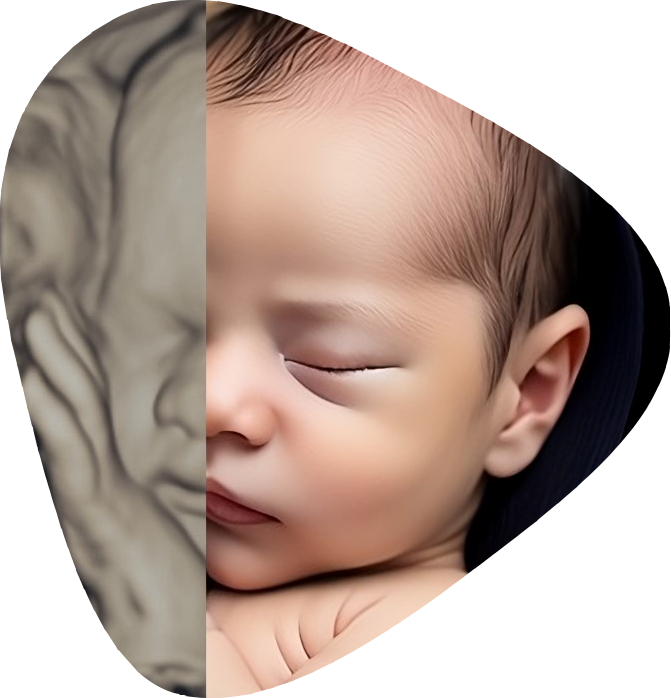 Artistic depiction of a baby generated from a 4D image, with an abstract background